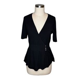 Theory Black Crepe Knit Faux Wrap‎ Button Peplum Sweater Top Women's Size Large